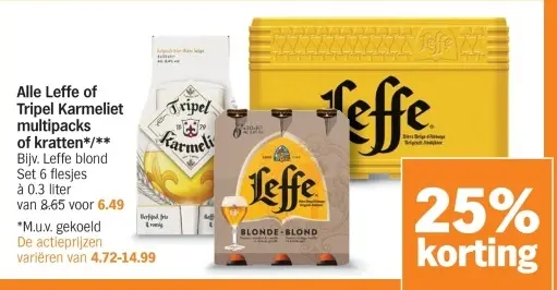 Aanbieding: Leffe or Tripel Karmeliet multipacks or kratten