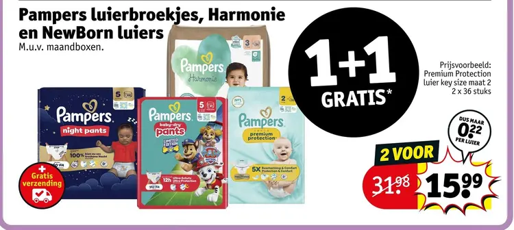 Aanbieding: Pampers luierbroekjes, Harmonie en NewBorn luiers