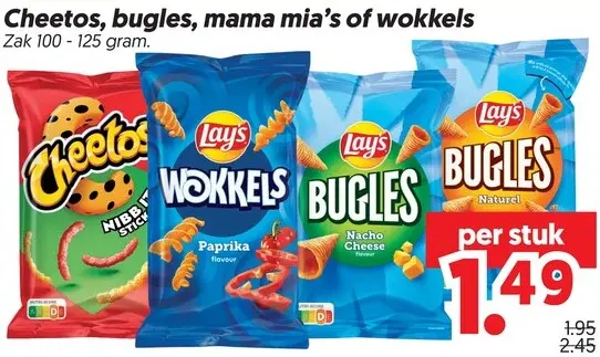 Aanbieding: Cheetos, bugles, mama mia's of wokkels