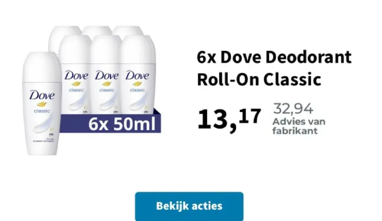 Aanbieding: Dove Deodorant Roll-On Classic