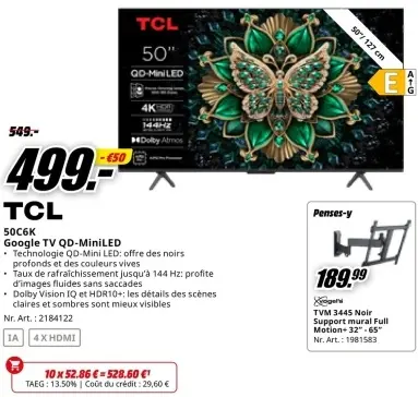 Offre: TCL 50C6K Google TV QD-MiniLED