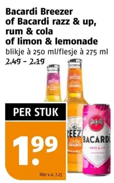 Aanbieding: Bacardi Breezer of Bacardi razz & up, rum & cola of lemon & lemonade