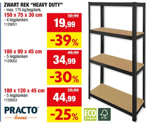 Promotie: Practo Home Heavy Duty opbergrek 150x75x30 cm metaal/hout zwart