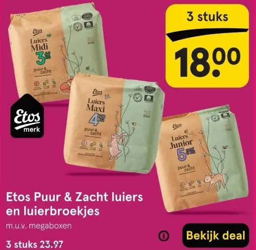 Aanbieding: Etos Puur & Zacht luiers en luierbroekjes