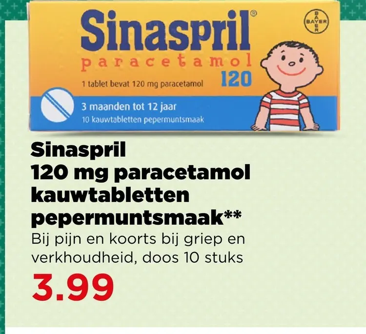 Aanbieding: Sinaspril 120 mg paracetamol kauwtabletten pepermuntsmaak