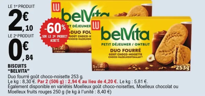 Promotie: BISCUITS "BELVITA" Duo fourré goût choco-nois