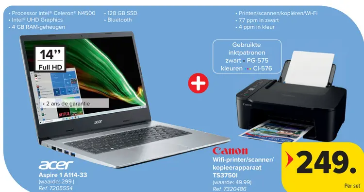 Promotie: Acer Aspire 1 A114-33 + Canon Wifi-printer/scanner