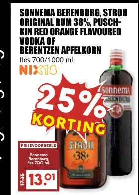 Aanbieding: Sonnema Berenburg, Stroh original rum 38%, Puschkin red orange flavoured vodka of berentzen apfelkorn