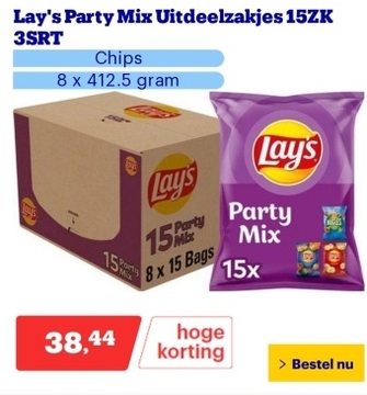 Aanbieding: Lay's Party Mix Uitdeelzakjes 15ZK 3SRT - Chips - 8 x 412.5 gram