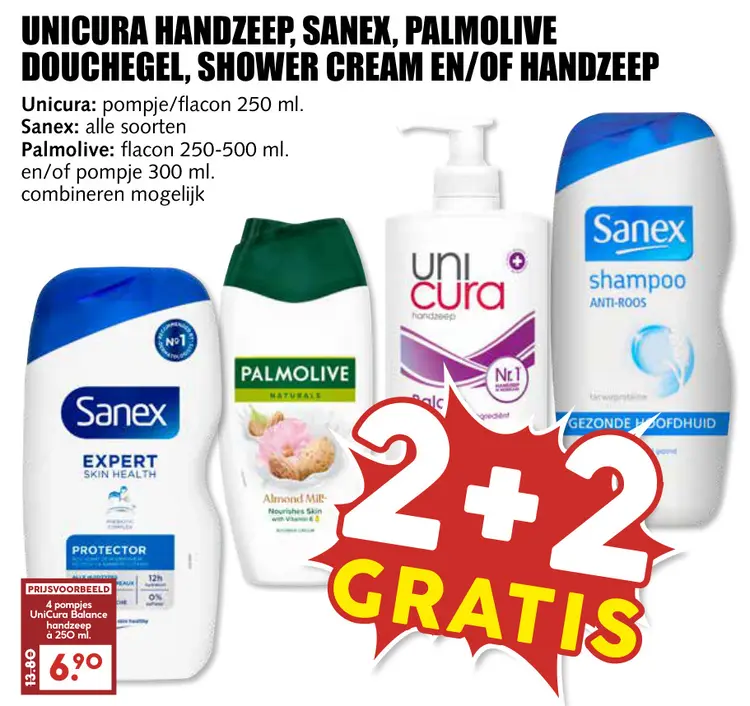 Aanbieding: Unicura Handzeep, Sanex, Palmolive Douchegel,
