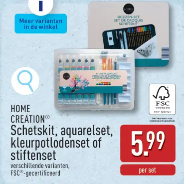 Promotie: Schetskit, aquarelset, kleurpotlodenset of stiftenset