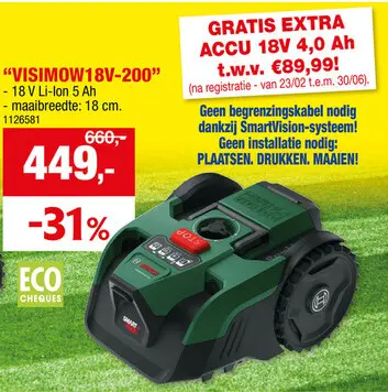 Promotie: Bosch Visimow 18V-200 robotmaaier 18V Li-Ion 200m²