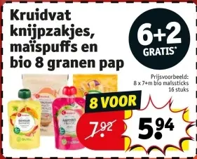 Promotie: Kruidvat knijpzakjes, maïspuffs en bio 8 granen pap
