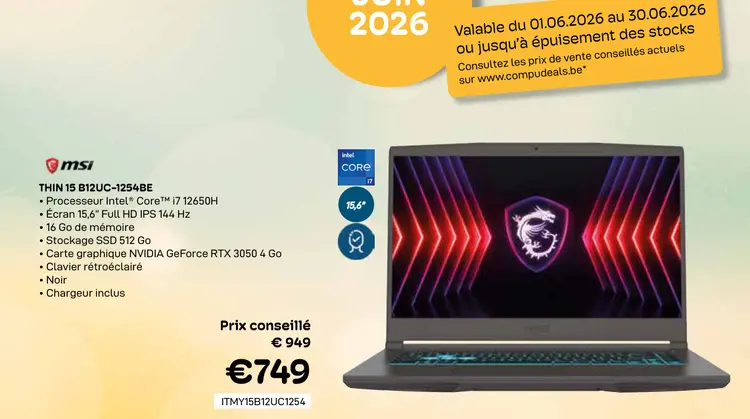Offre: Msi thin 15 b12uc-1254be