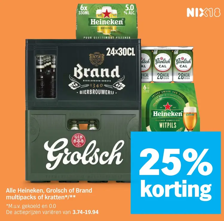 Aanbieding: Heineken, Grolsch or Brand multipacks of kratten
