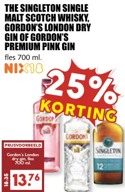 Aanbieding: Singleton single malt scotch whisky, Gordon's London dry gin of premium pink gin