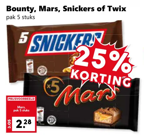 Aanbieding: Bounty, Mars, Snickers of Twix