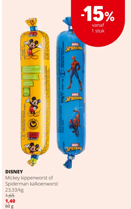 Promotie: Mickey kippenworst of Spiderman kalkoenworst