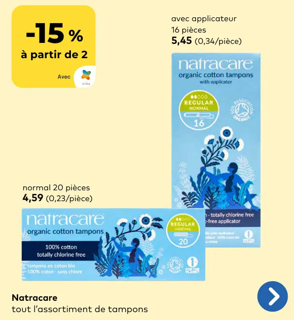 Offre: Natracare tout l'assortiment de tampons