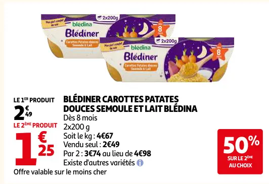 Offre: Blédiner carottes patates douces semoule et lait blédina