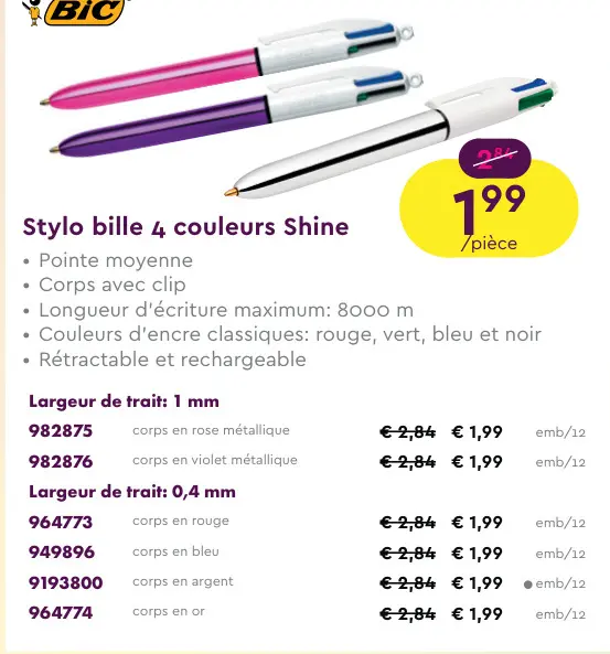 Offre: Stylo bille 4 couleurs Shine
