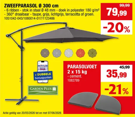 Promotie: Garden Plus zweefparasol 3m 6 baleinen taupe + voet