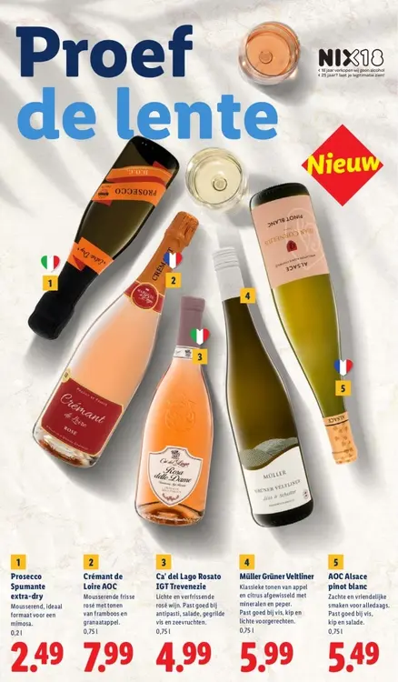 Aanbieding: Prosecco Spumante, Crémant de Loire, Ca' del Lago Rosato, Müller Grüner Veltliner of AOC Alsace pinot blanc