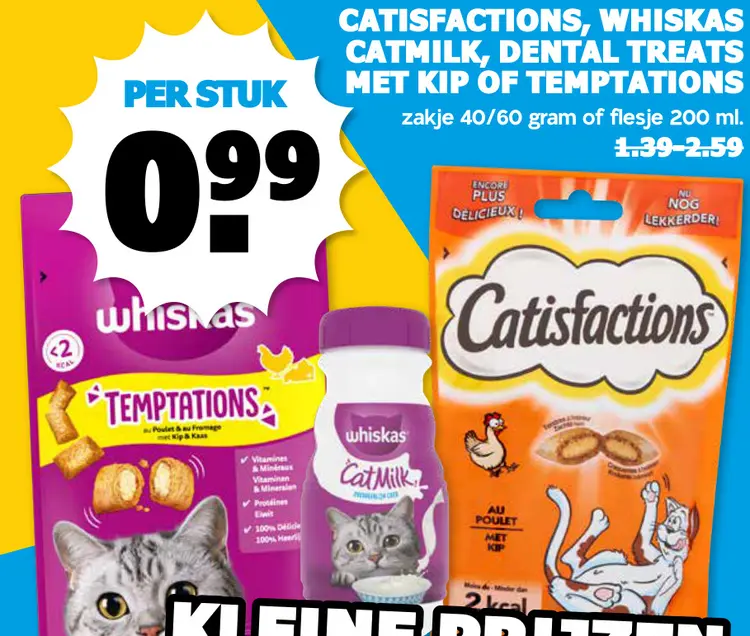 Aanbieding: Catisfactions, Whiskas catmilk, dental treats met kip of temptations