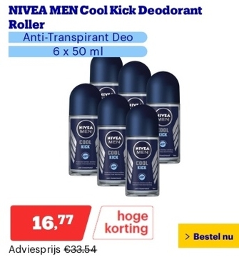 Aanbieding: NIVEA MEN Cool Kick Deodorant Roller - Anti-Transpirant Deo - 6 x 50 ml - Voordeelverpakking
