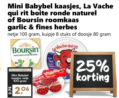 Aanbieding: Mini Babybel kaasjes, La Vache qui rit boite ronde naturel of Boursin roomkaas garllic & fines herbes