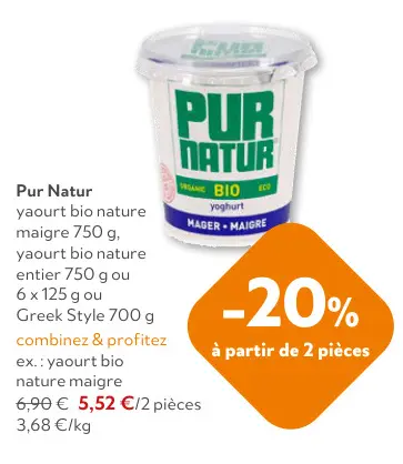 Offre: yaourt bio nature maigre, yaourt bio nature e