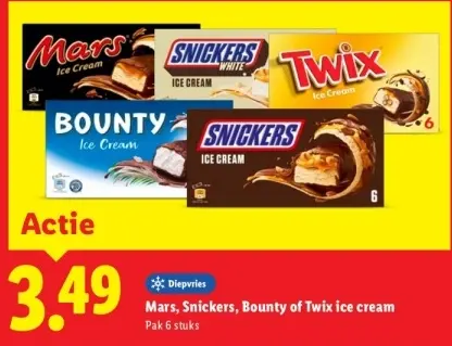 Aanbieding: Mars, Snickers, Bounty of Twix ice cream