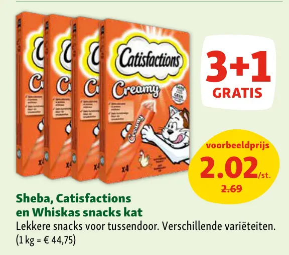 Aanbieding: Sheba, Catisfactions en Whiskas snacks kat