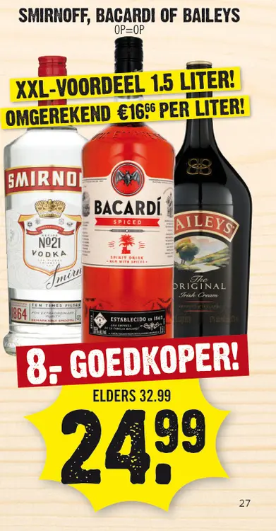 Aanbieding: Smirnoff, Bacardi of Baileys
