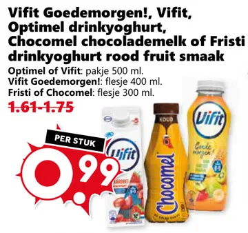 Aanbieding: Vifit Goedemorgen!, Vifit, Optimel drinkyoghurt, Chocomel chocolademelk of Fristi drinkyoghurt rood fruit smaak