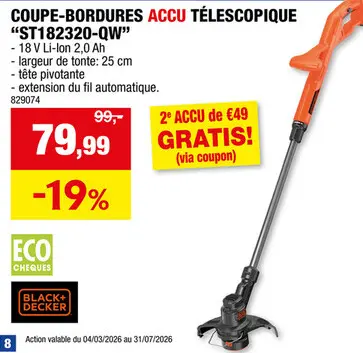 Offre: Black+Decker ST182320-QW coupe-bordures sans fil 18V Li-Ion 25cm
