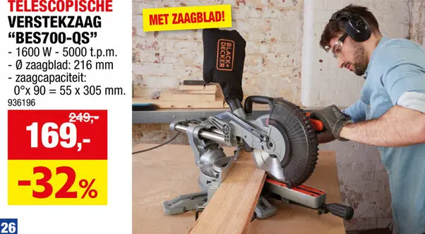 Promotie: Black+Decker afkort- en verstekzaag 1600W 216mm
