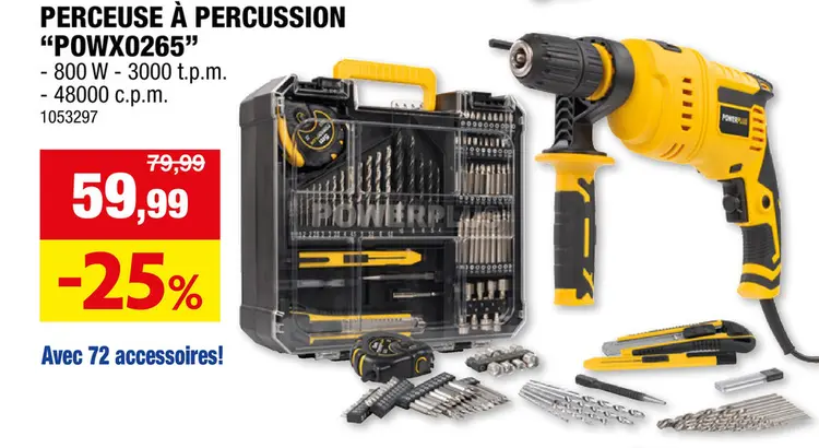 Offre: Powerplus POWX0265 perceuse à  percussion 800W + 72 accessoires