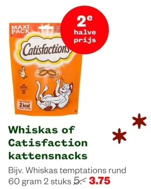 Aanbieding: Whiskas of Catisfaction kattensnacks