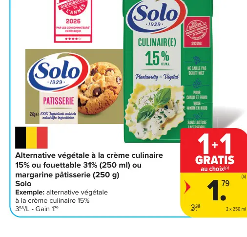 Offre: Alternative végétale à la crème culinaire 15% ou fouettable 31% ou margarine pâtisserie