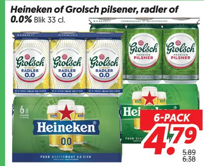 Aanbieding: Heineken of Grolsch pilsener, radler of 0.0%