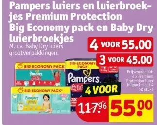 Aanbieding: Pampers luiers en luierbroekjes Premium Protection Big Economy pack en Baby Dry luierbroekjes
