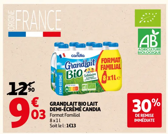 Promotie: Grandlait Bio Lait Demi-Écrémé