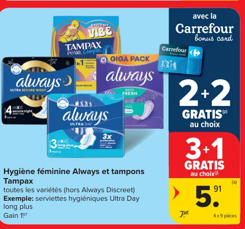 Offre: Hygiène féminine Always et tampons Tampax