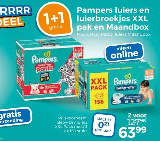 Aanbieding: Pampers luiers en luierbroekjes XXL pak en Maandbox