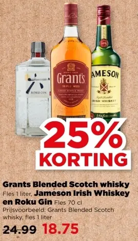 Aanbieding: Grants Blended Scotch whisky, Jameson Irish Whisky en Roku Gin