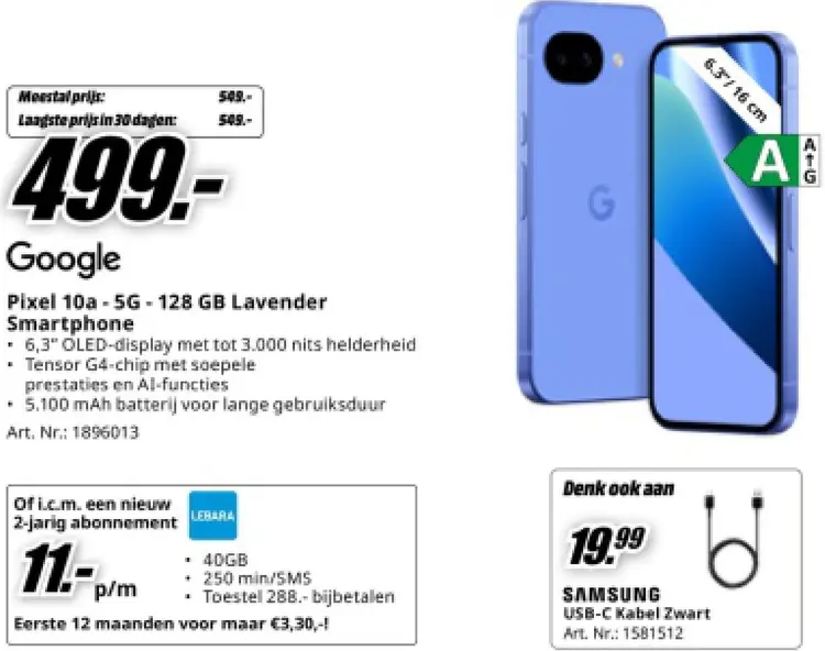 Aanbieding: Pixel 10a - 5G - 128 GB Lavender Smartphone