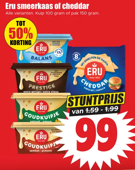 Aanbieding: Eru smeerkaas of cheddar