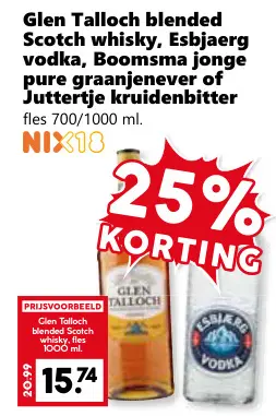 Aanbieding: Glen Talloch blended Scotch whisky, Esbjaerg vodka, Boomsma jonge pure graanjenever of Juttertje kruidenbitter
