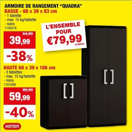 Offre: Keter Quadra armoire de rangement basse 39x68x83 cm noir
